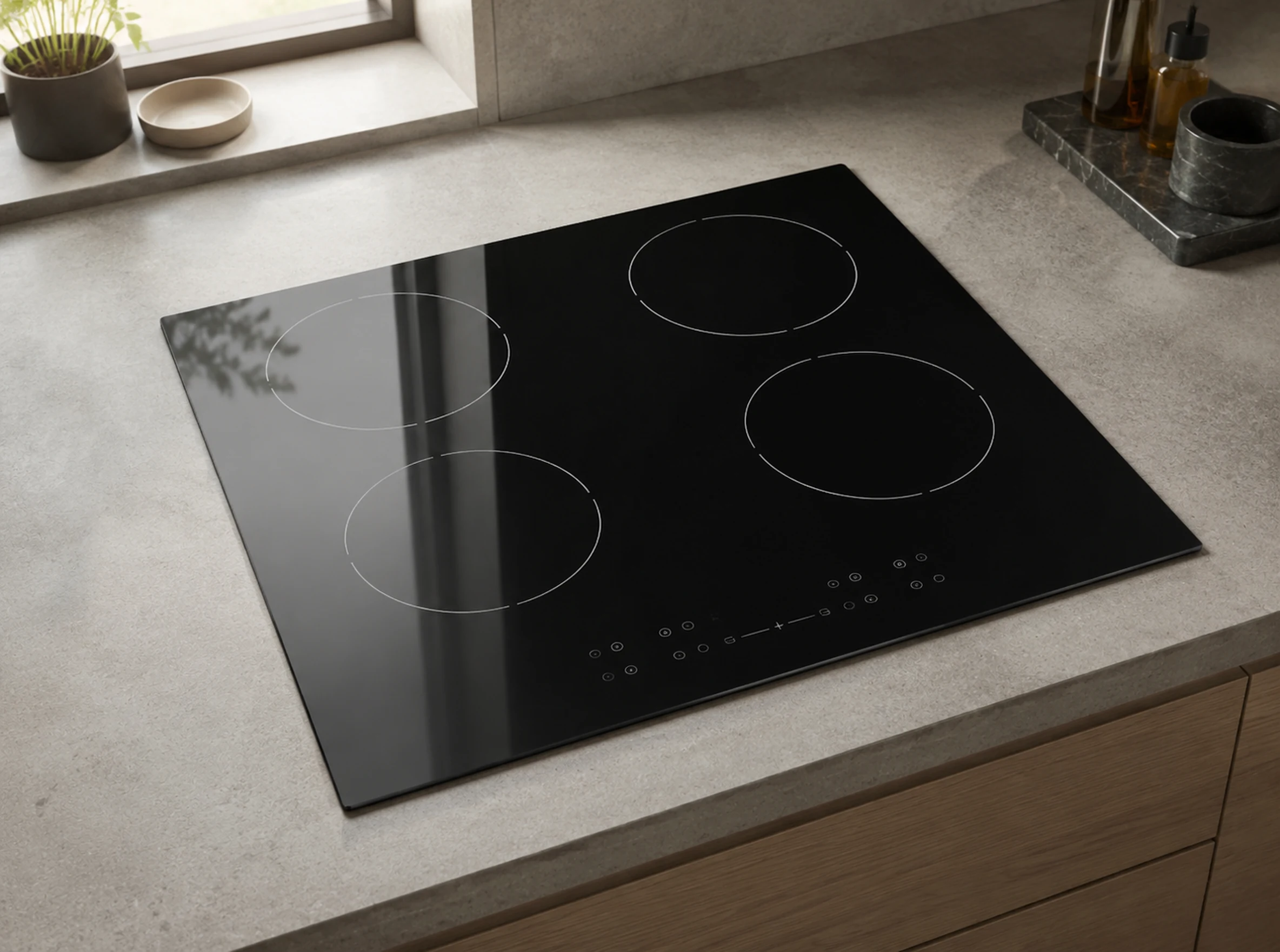 Unbranded European four-zone glass-ceramic cooktop panel