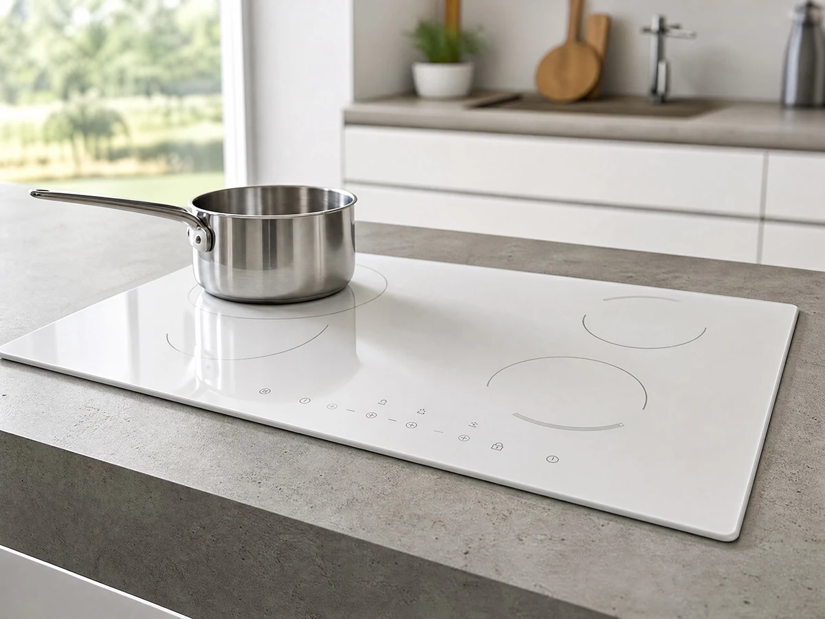 White glass-ceramic cooktop panel