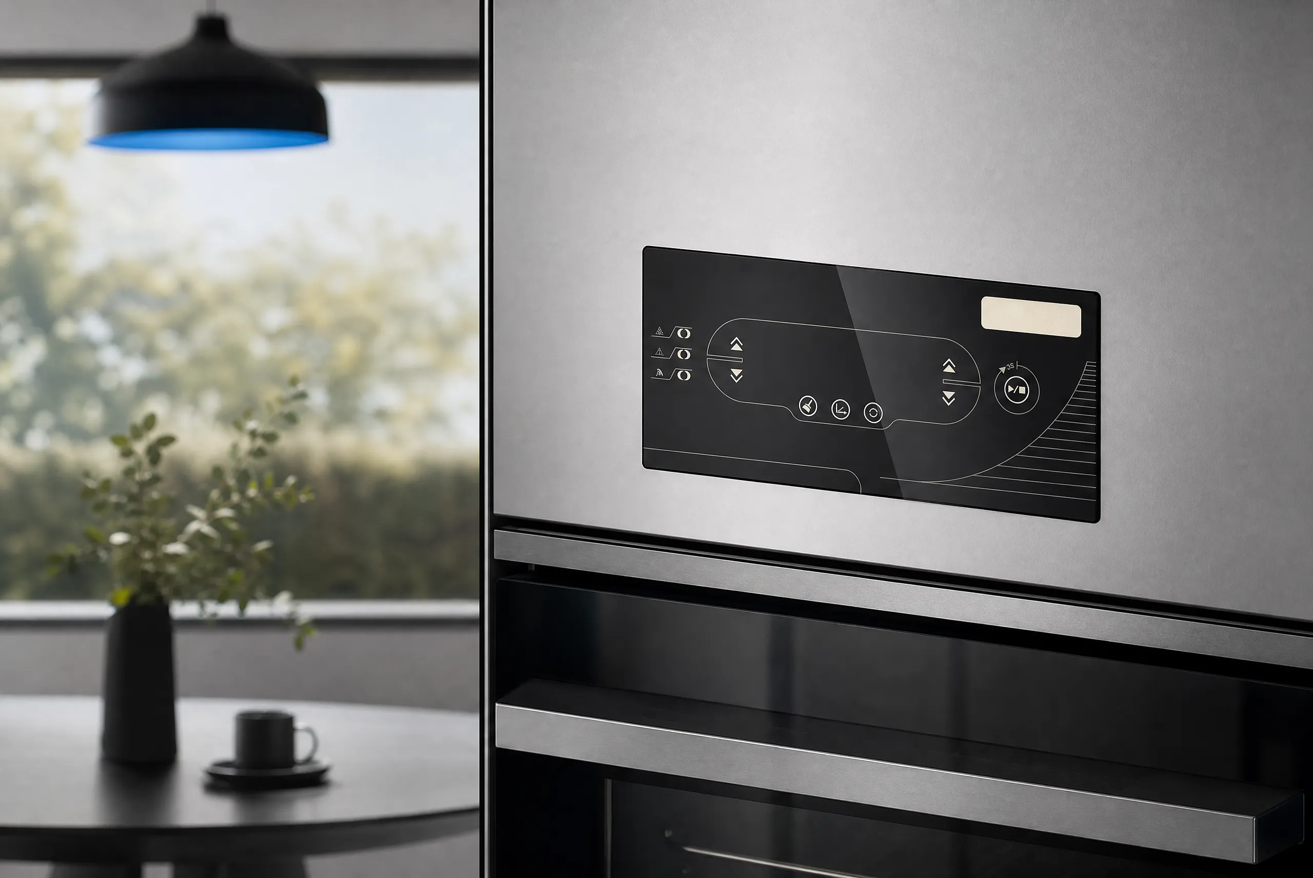 Black appliance glass panel shown in an installed artwork-review context
