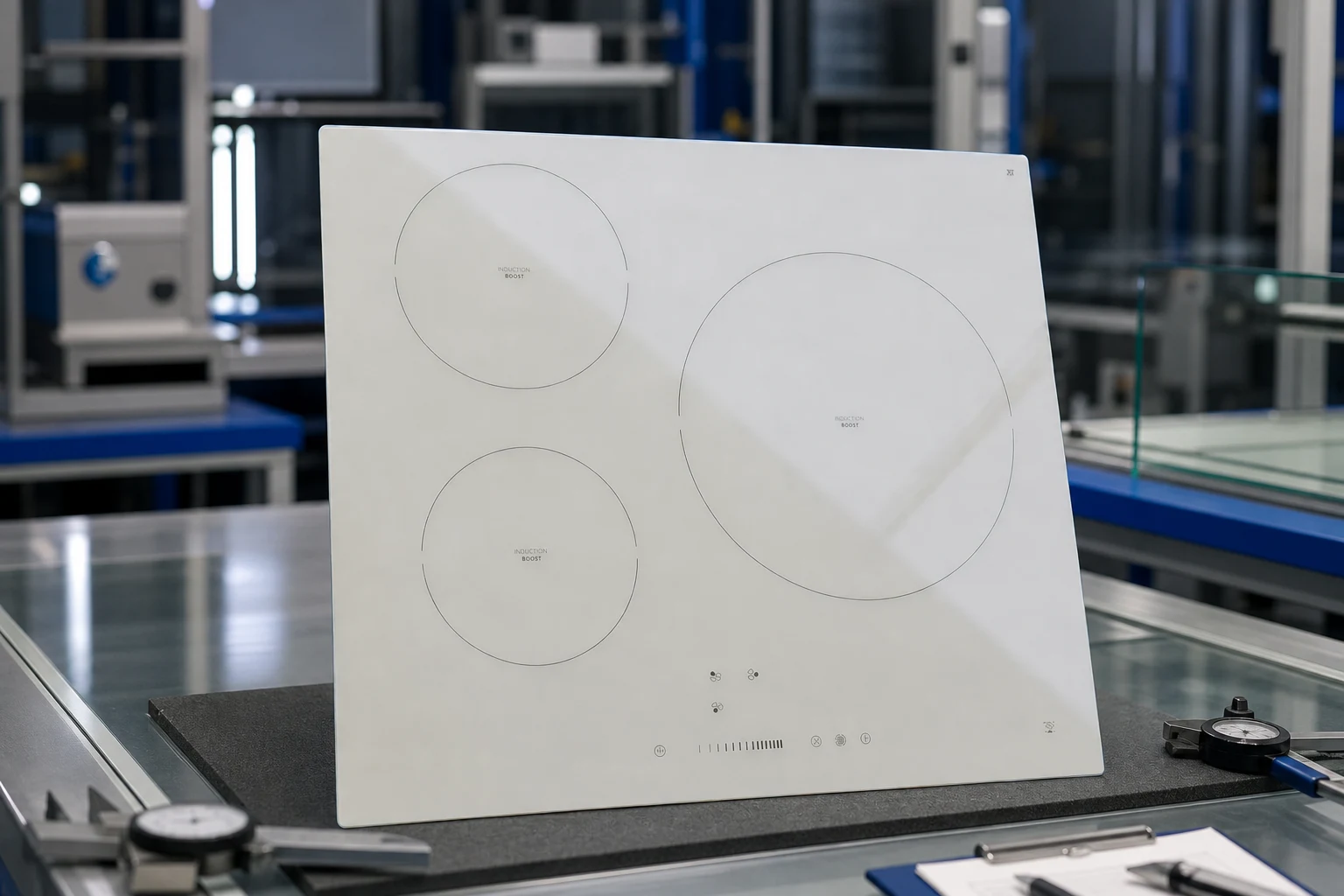 heat resistant borosilicate glass panel — KANGER official product with illustrative application background (not a real site photo)