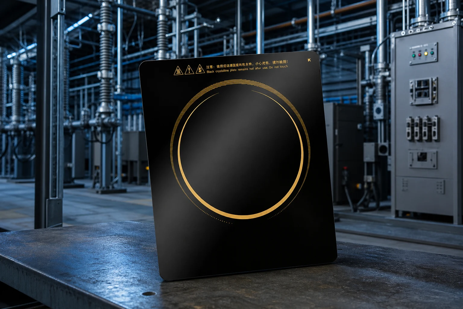 concave glass ceramic cooktop — KANGER official product with illustrative industrial background (not a real site photo)