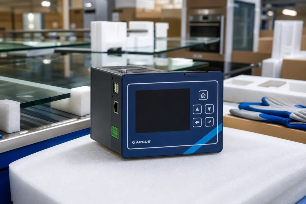 tempered glass appliance panel — KANGER official product with illustrative application background (not a real site photo)