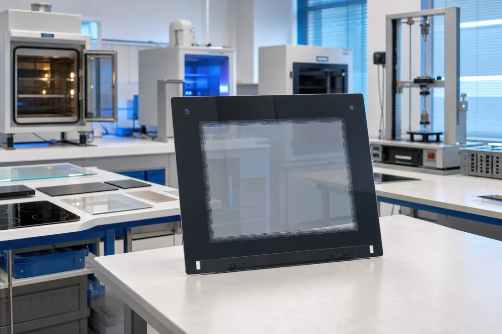 tempered glass appliance panel — KANGER official product with illustrative background (not a real site photo)