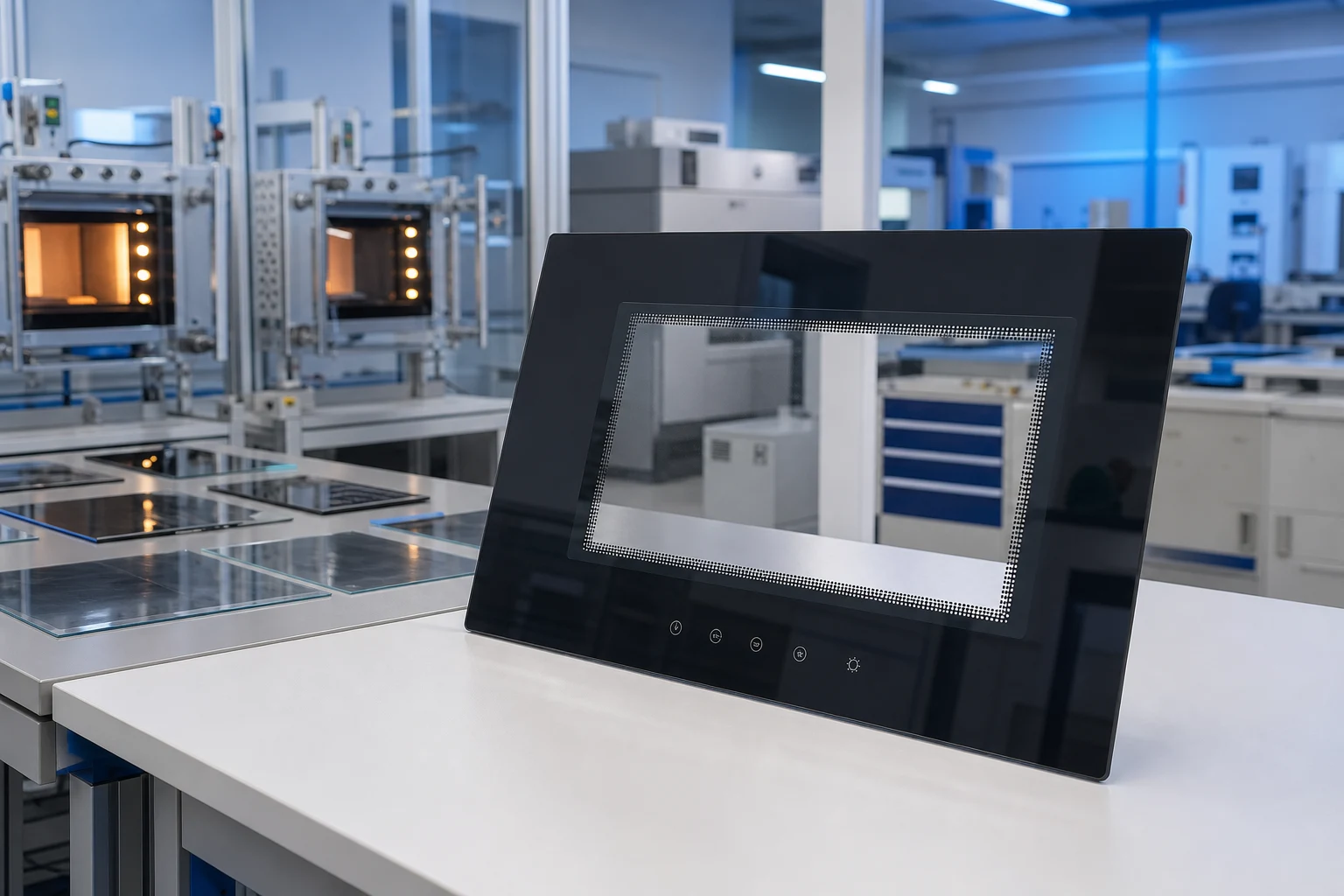 tempered glass appliance panel — KANGER official product with illustrative background (not a real site photo)