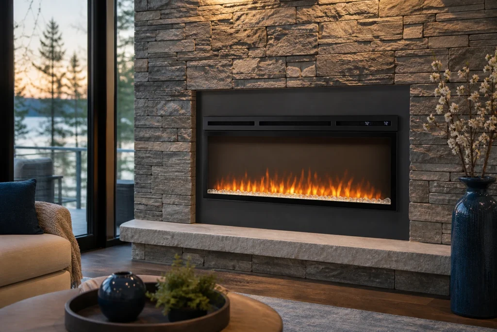 transparent glass ceramic fireplace door — KANGER official product with illustrative background (not a real site photo)