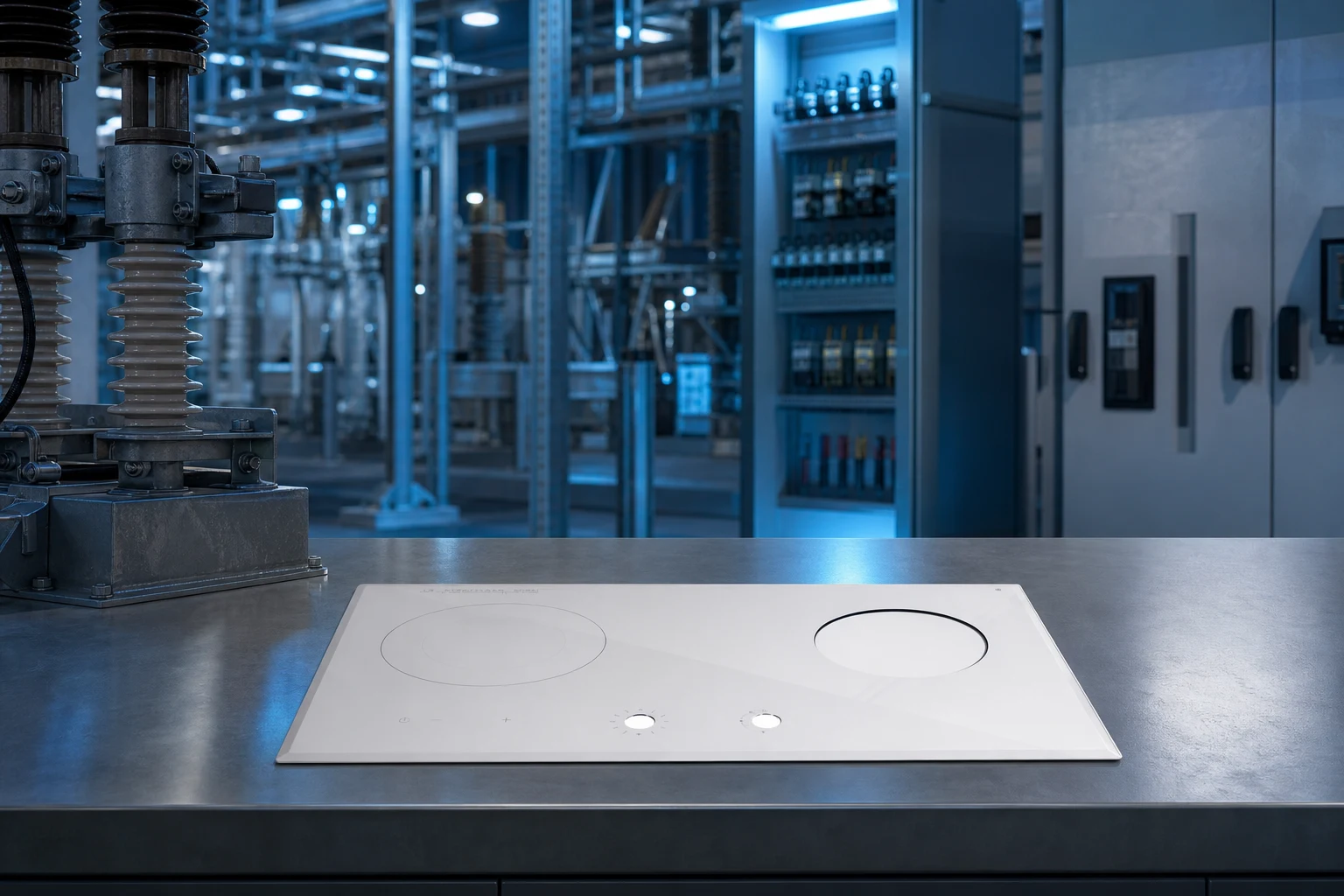 white glass ceramic cooktop — KANGER official product with illustrative industrial background (not a real site photo)