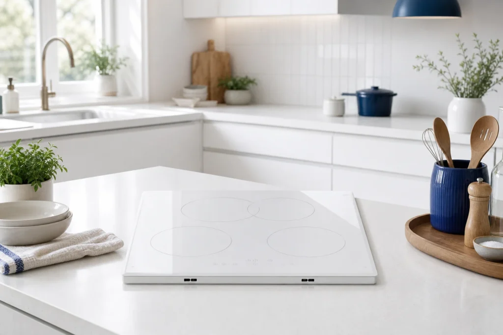white glass ceramic cooktop — KANGER official product with illustrative background (not a real site photo)