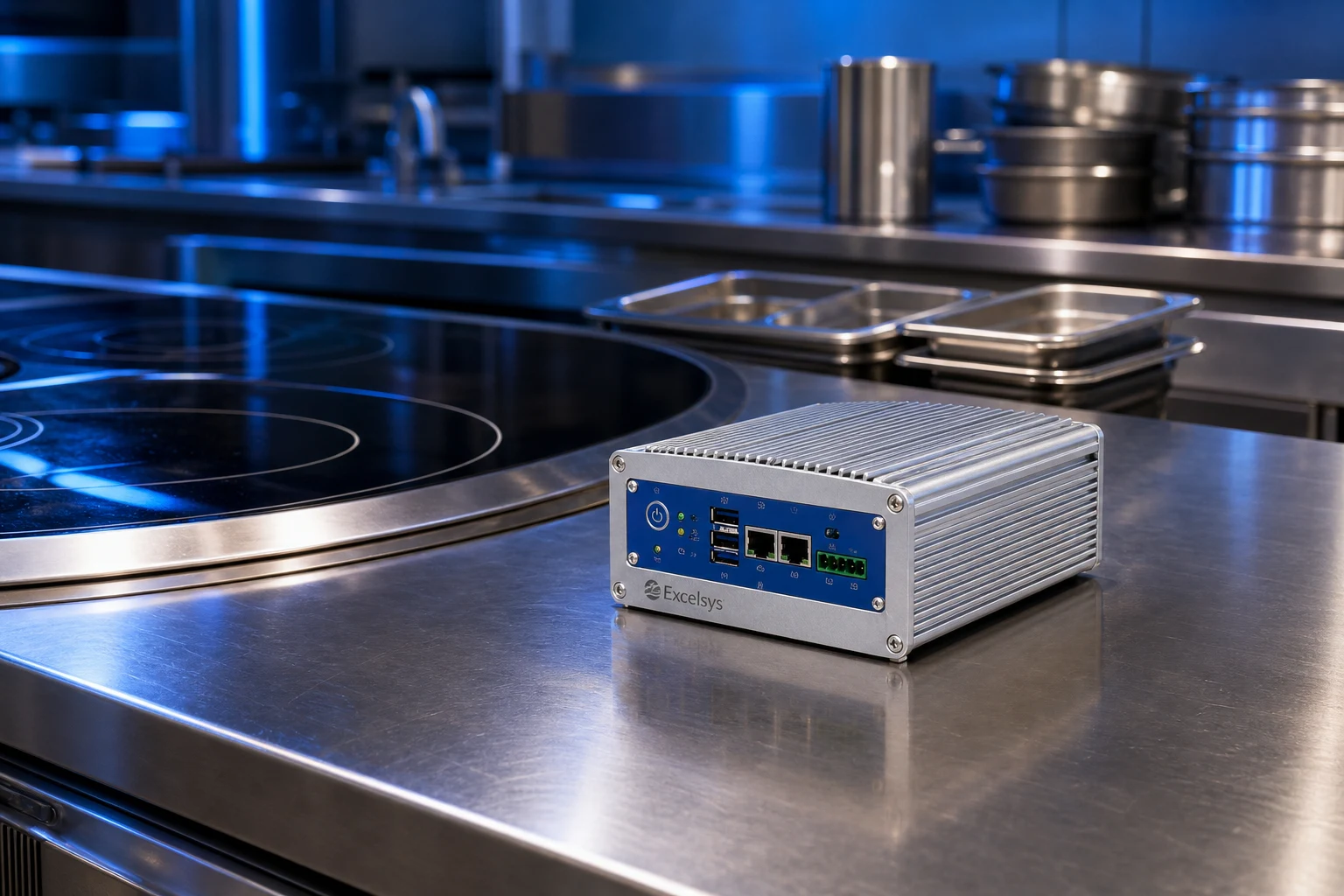 wok burner glass ceramic — KANGER official product with illustrative application background (not a real site photo)