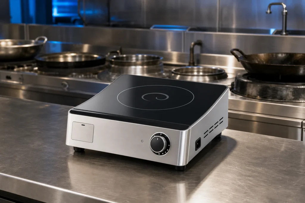 wok burner glass ceramic — KANGER official product with illustrative background (not a real site photo)