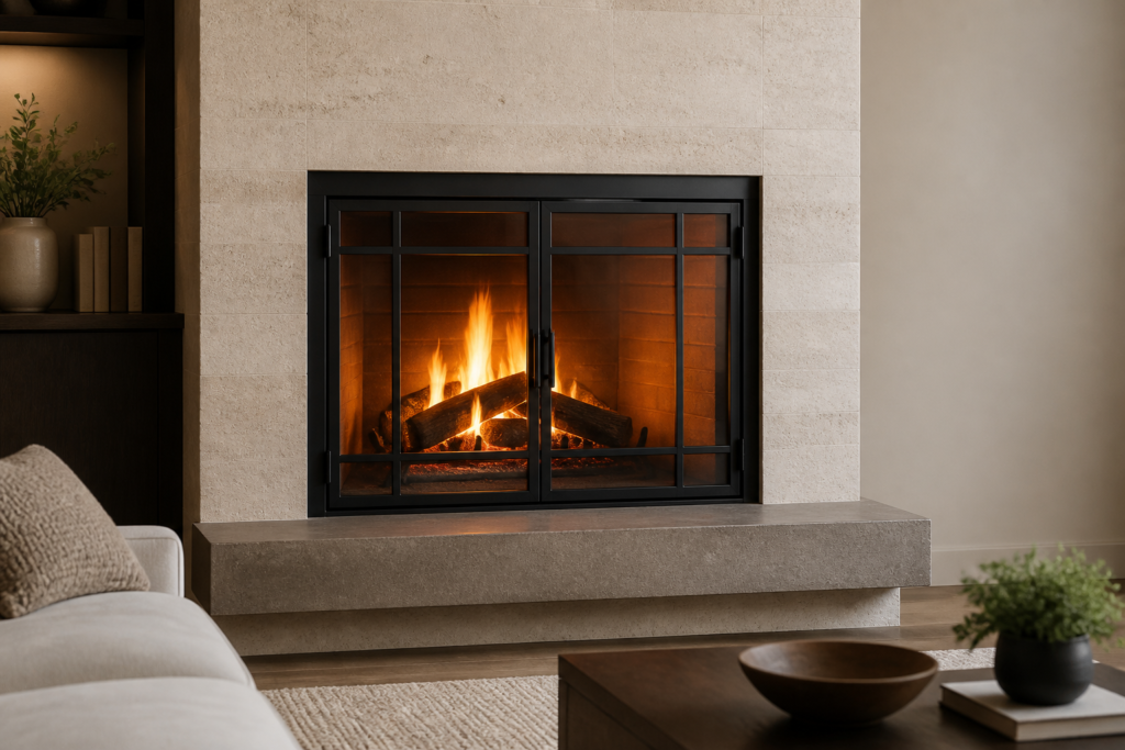 Modern fireplace fitted with black-framed glass doors