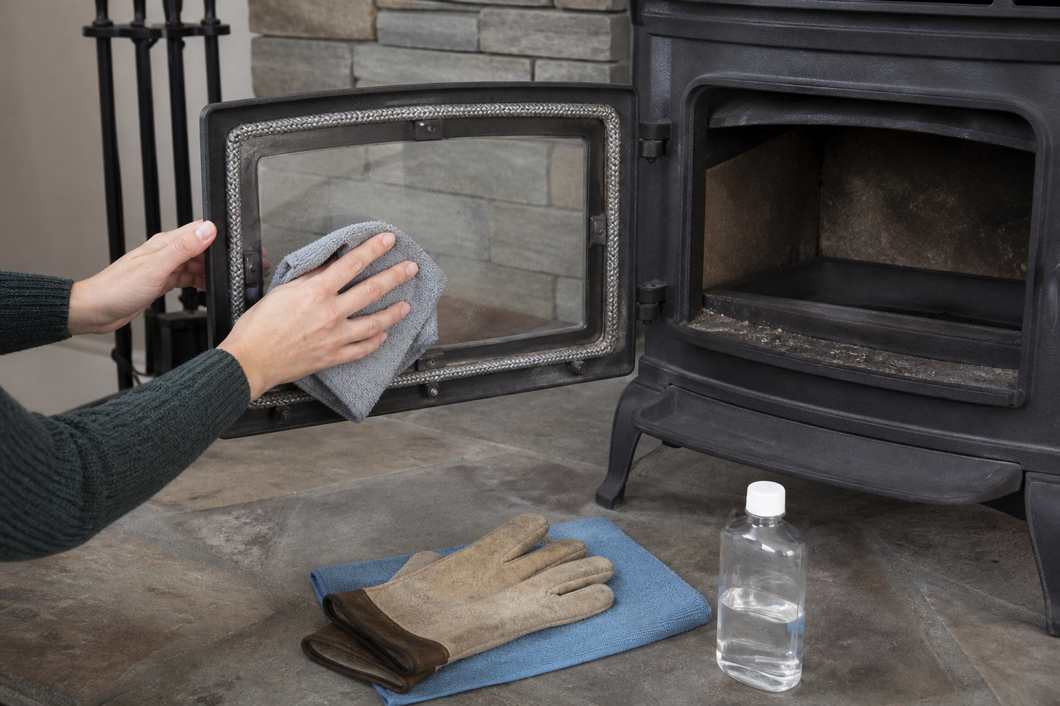 Safe cleaning of a completely cold wood stove glass door
