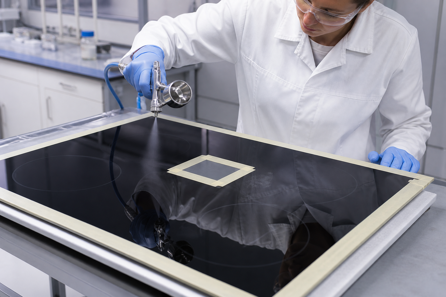 Technician preparing a coated glass-ceramic appliance panel