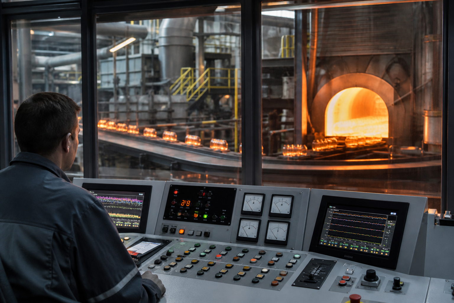 Industrial glass furnace and temperature-control environment