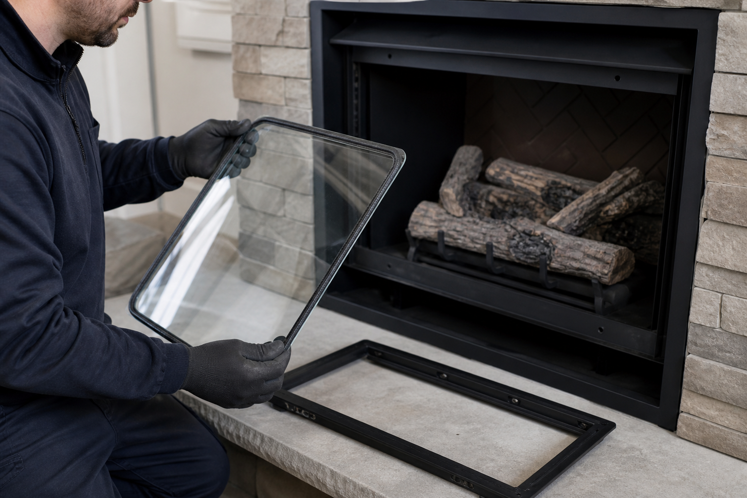 Gas fireplace sealed glass-front assembly under inspection