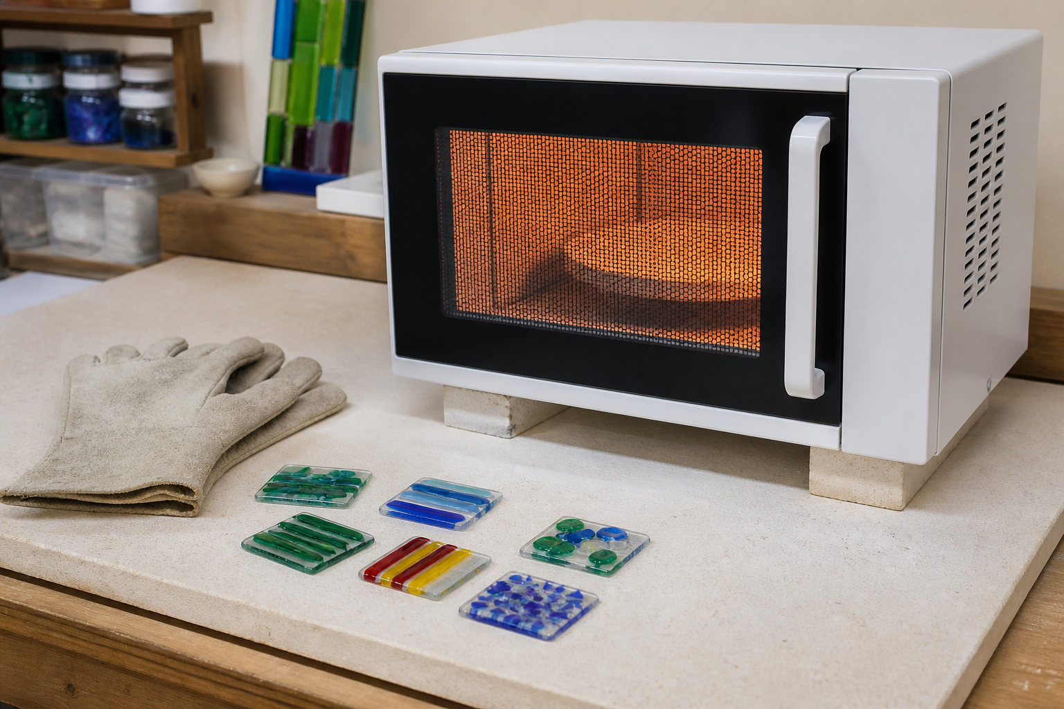 Small microwave kiln and fused glass test pieces after cooling