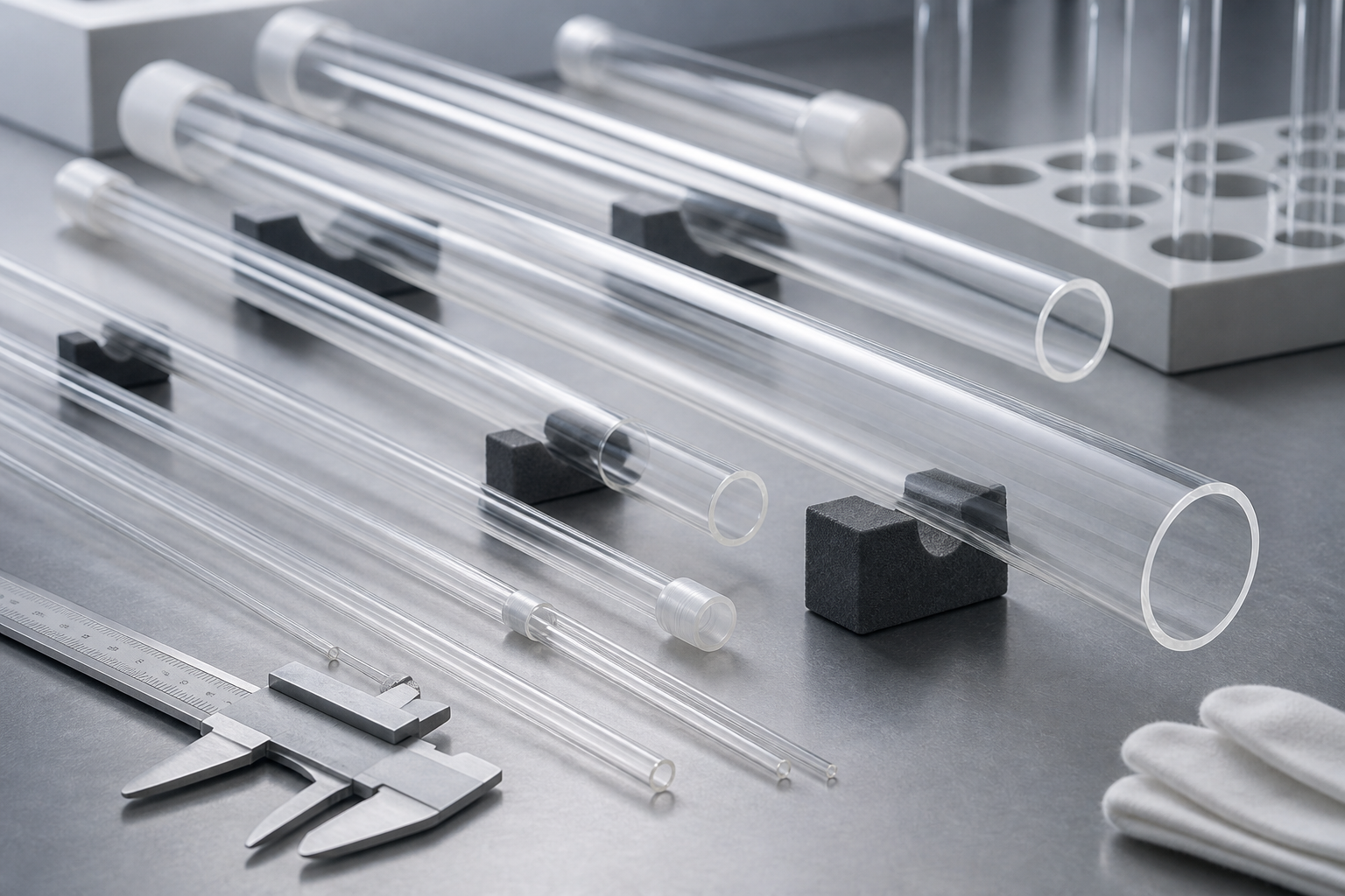 Borosilicate glass tubing on a dimensional inspection bench