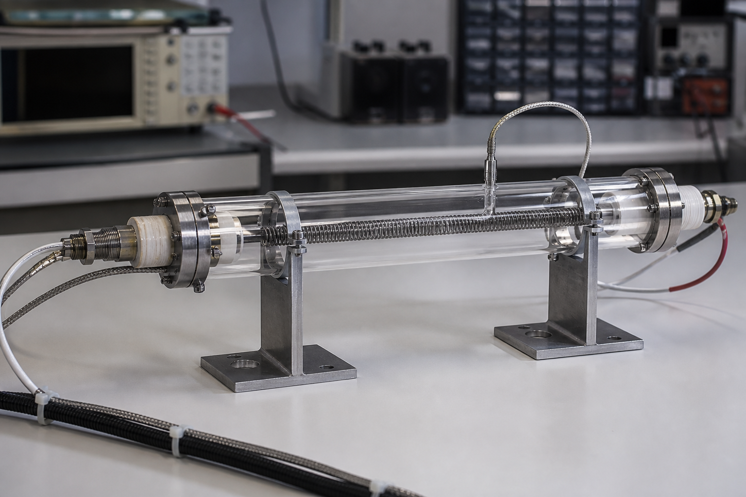 Glass tube heater prototype with protected supports and controls