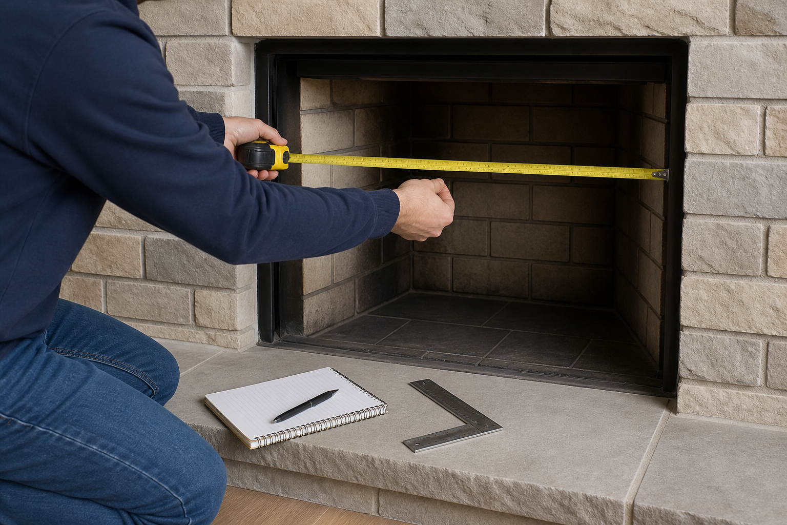 Technician measuring a masonry fireplace opening before specifying glass doors