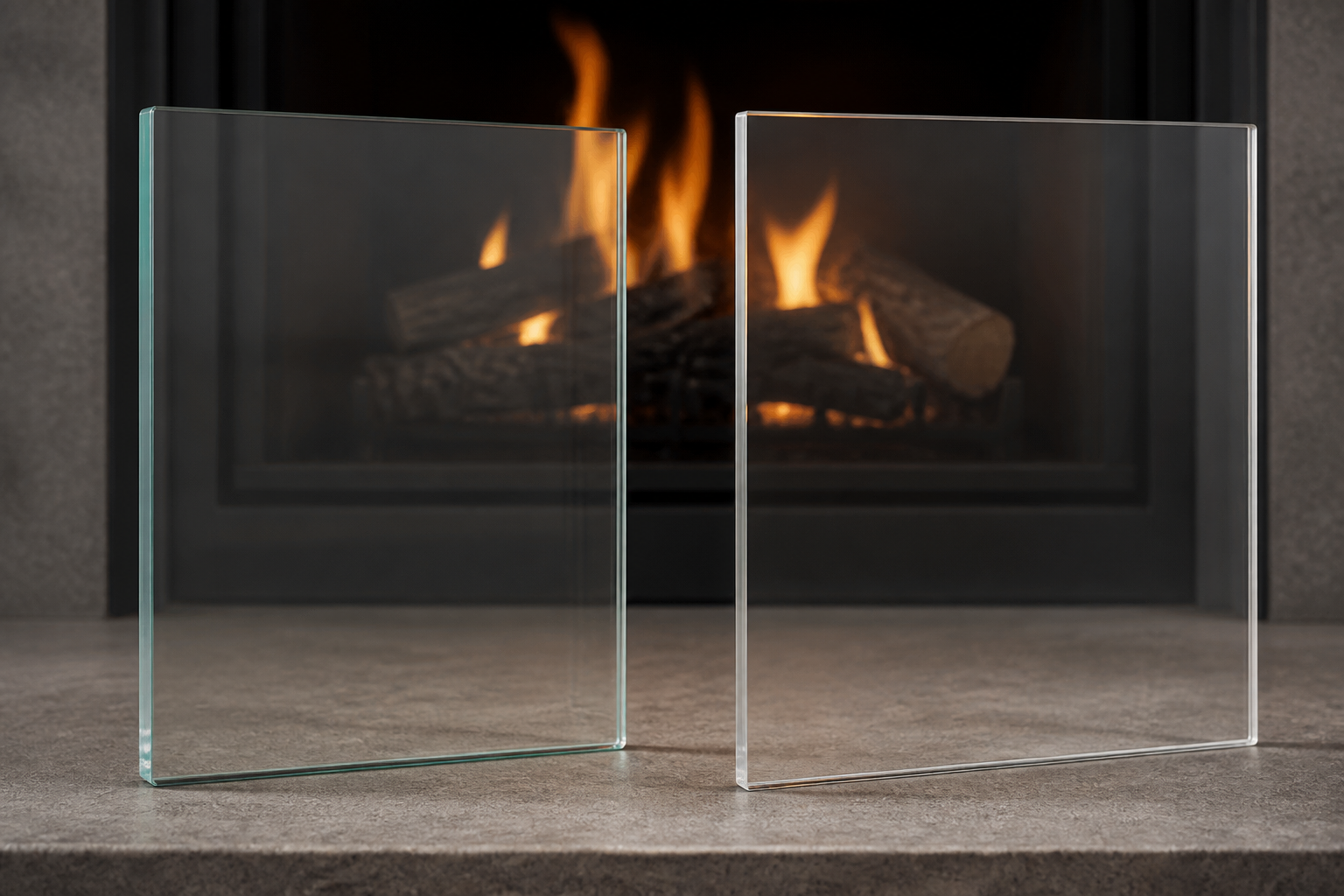 Two clear fireplace door glass material samples shown side by side