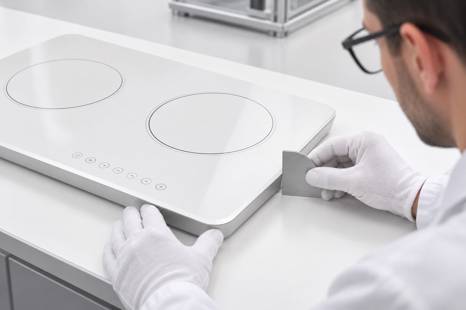 Technician checking the corner profile of a white ceramic glass panel with a template