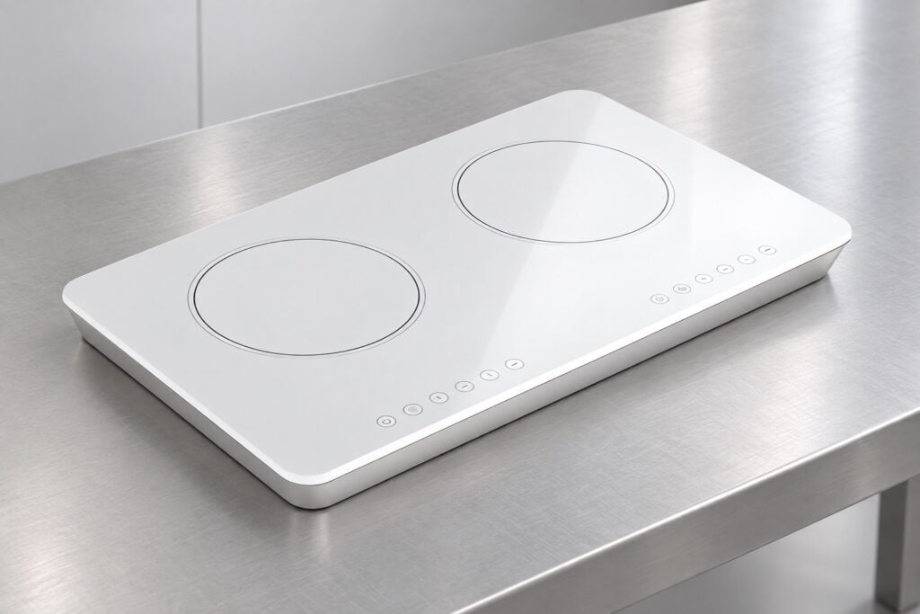 White ceramic glass cooktop panel with rounded outside corners on an engineering table