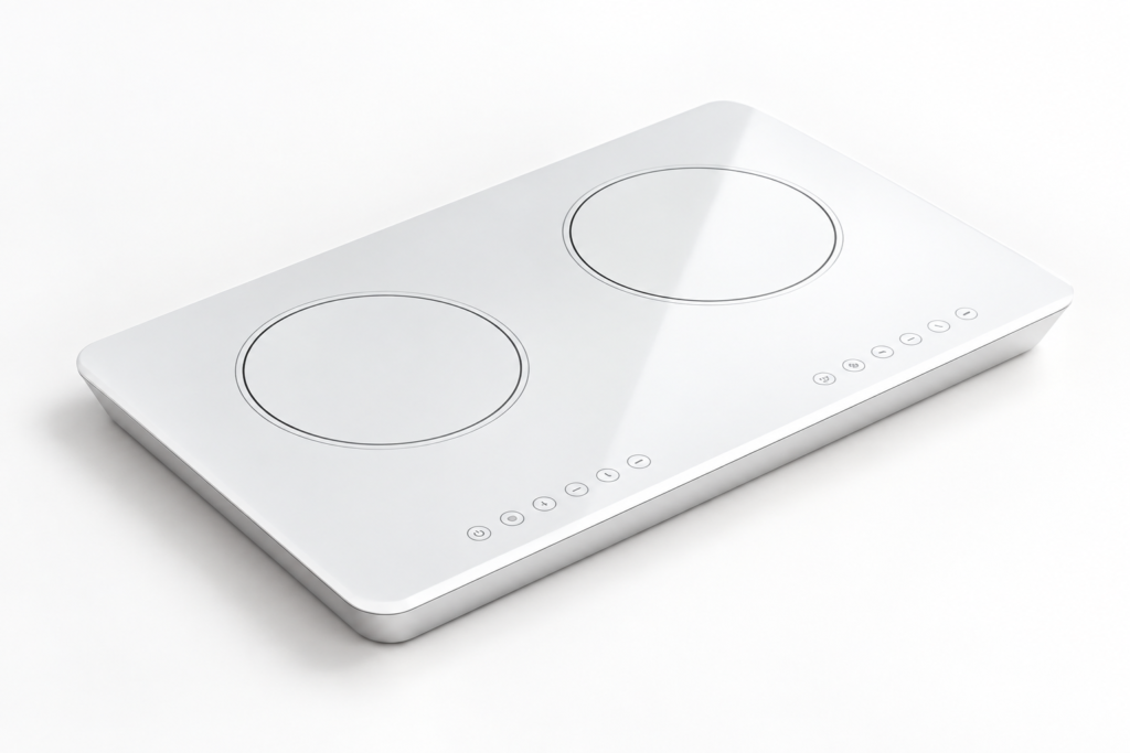 Opaque white two-zone ceramic-glass cooktop with subtle printed rings and touch symbols