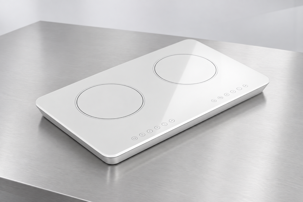 white ceramic glass flatness tolerance — opaque white two-zone ceramic-glass cooktop
