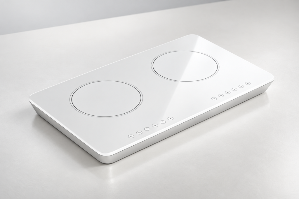 Opaque white two-zone ceramic-glass cooktop on a neutral inspection table