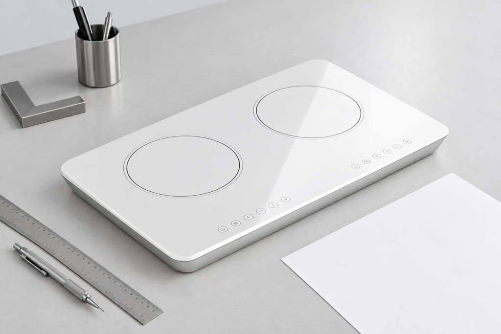 white ceramic glass drawing revision control — opaque white two-zone ceramic-glass cooktop