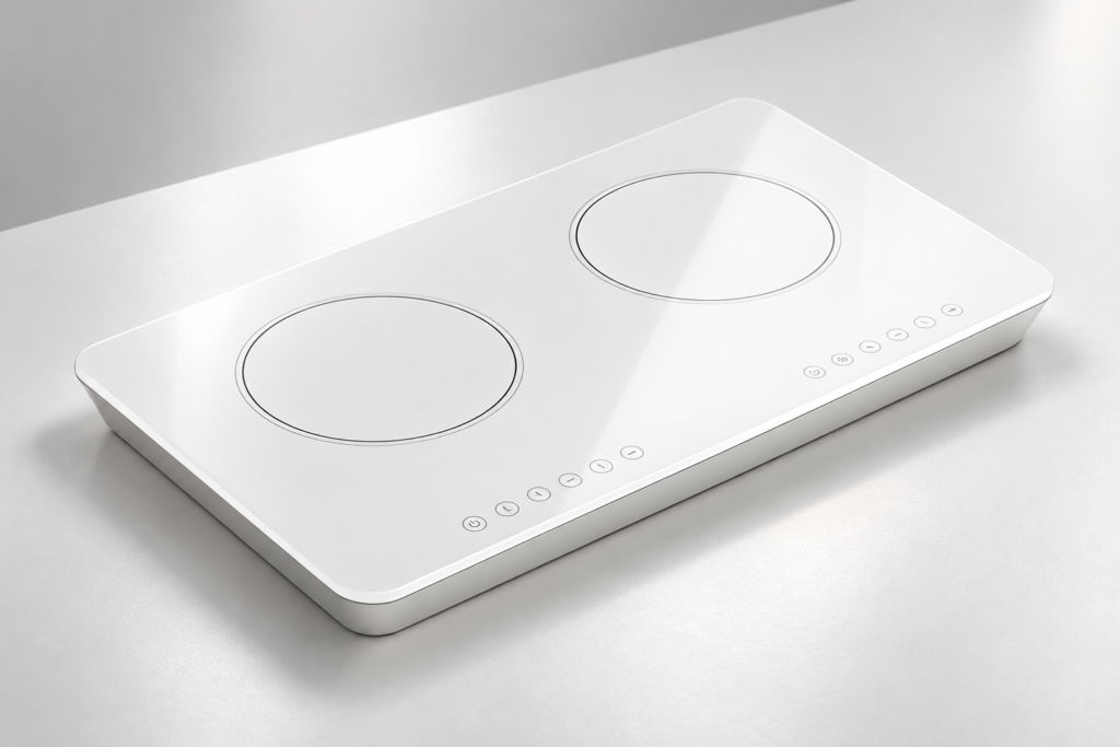 Opaque white two-zone glass-ceramic panel in a neutral engineering inspection setting