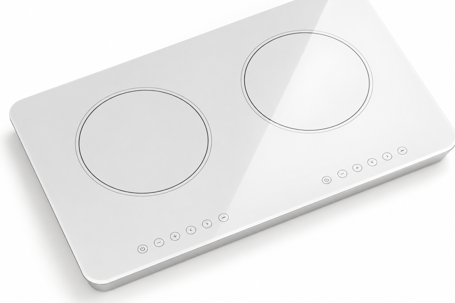 Pristine white two-zone ceramic-glass panel under oblique inspection light showing surface and graphics