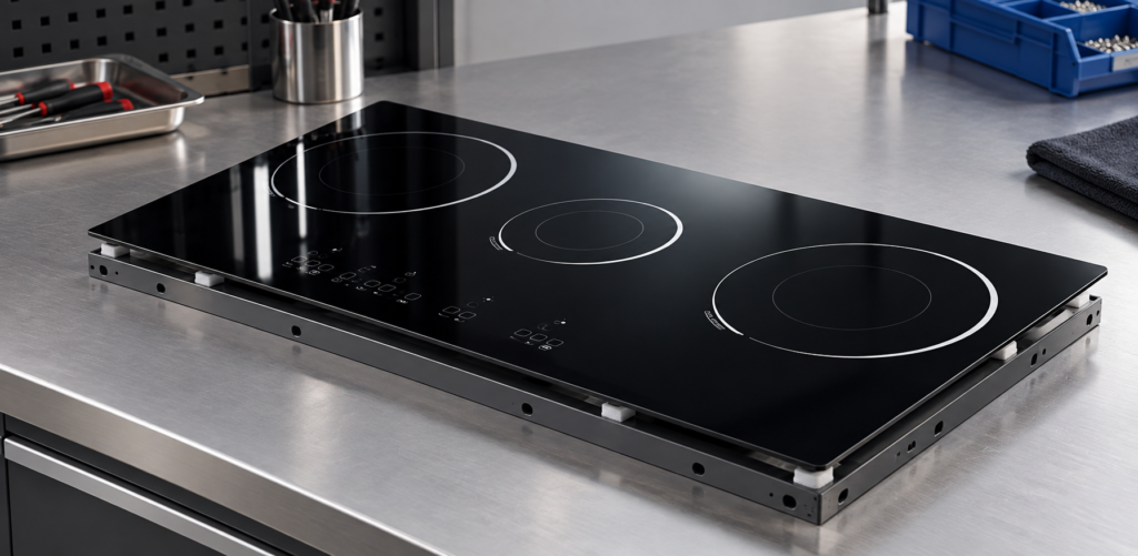 glass ceramic cooktop panel mounting clearance design — glossy black three-zone glass-ceramic cooktop panel