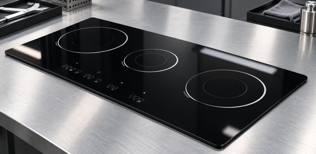 glass ceramic cooktop panel corner radius specification — glossy black three-zone glass-ceramic cooktop panel