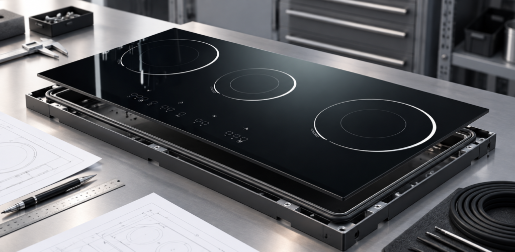 glass ceramic cooktop panel sealing interface design — glossy black three-zone glass-ceramic cooktop panel