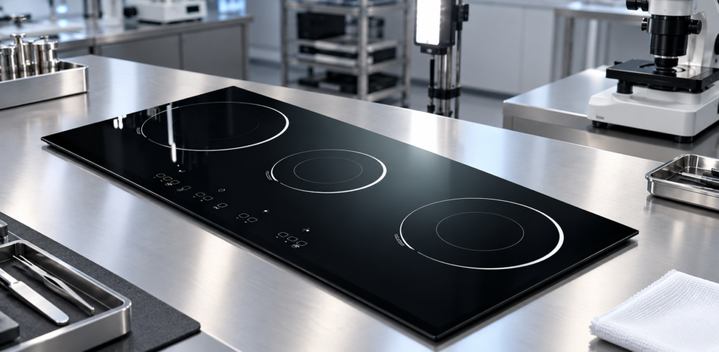 glass ceramic cooktop panel screen printing durability — glossy black three-zone glass-ceramic cooktop panel