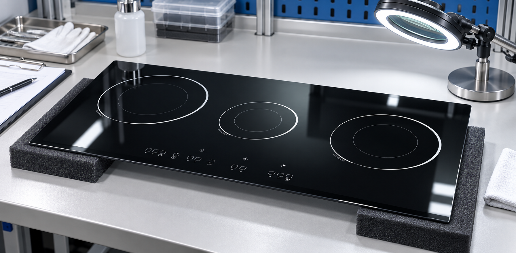 glass ceramic cooktop panel thermal shock test inspection setup