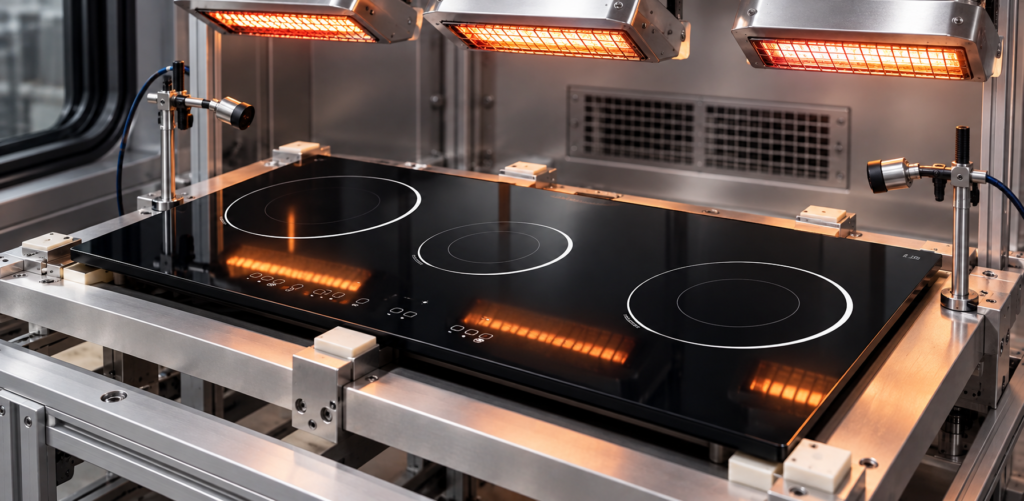 glass ceramic cooktop panel thermal shock test — glossy black three-zone glass-ceramic cooktop panel