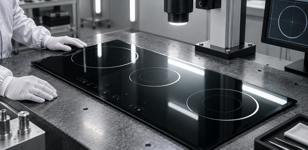 glass ceramic cooktop panel optical inspection — glossy black three-zone cooktop panel