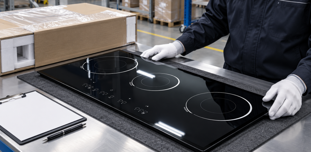 glass ceramic cooktop panel incoming inspection AQL — glossy black three-zone cooktop panel