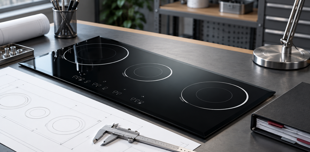 glass ceramic cooktop panel drawing revision control — glossy black three-zone cooktop panel