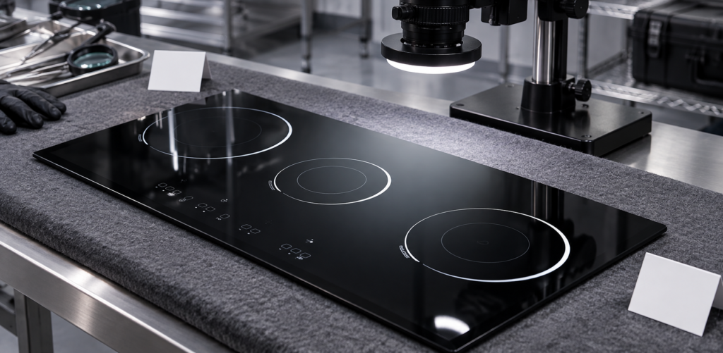 glass ceramic cooktop panel failure analysis — glossy black three-zone cooktop panel