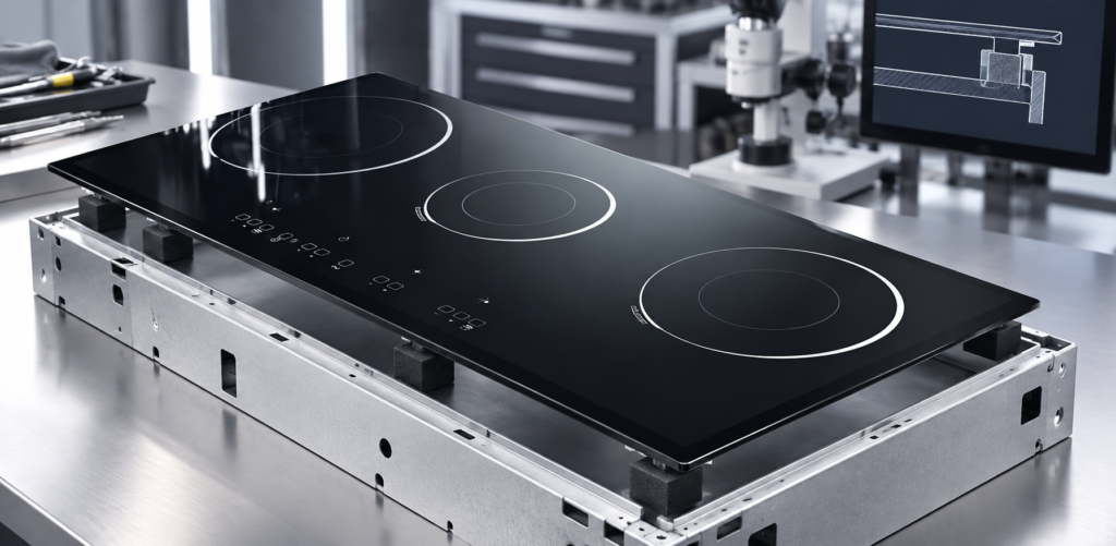 induction cooker glass mounting clearance design — glossy black three-zone cooktop panel