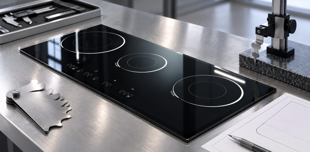 induction cooker glass corner radius specification — glossy black three-zone cooktop panel