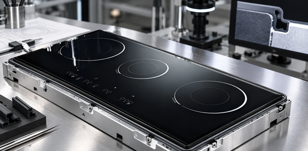 induction cooker glass sealing interface design — glossy black three-zone cooktop panel