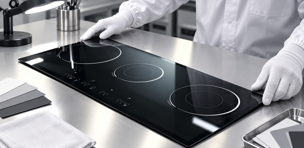 induction cooker glass screen printing durability — glossy black three-zone cooktop panel