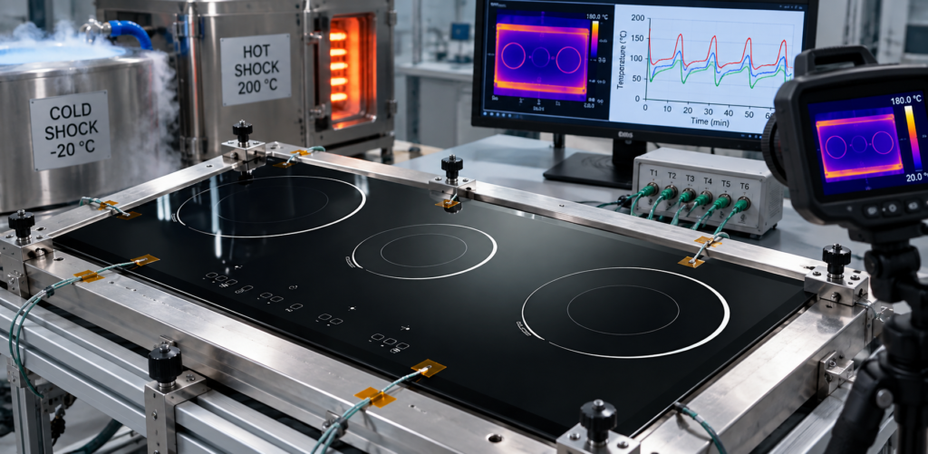 induction cooker glass thermal shock test — glossy black three-zone cooktop panel
