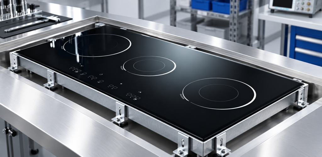 infrared cooker glass mounting clearance design — glossy black three-zone cooktop panel