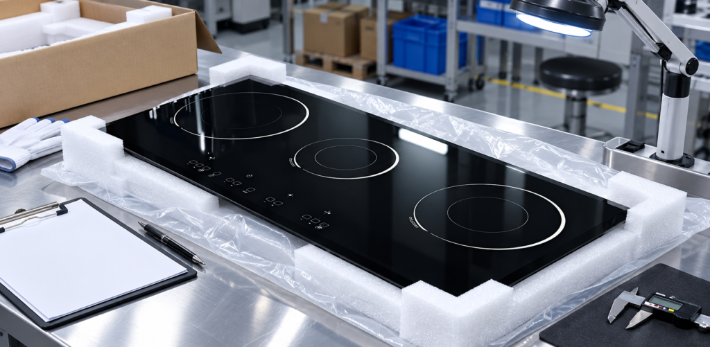 infrared cooker glass corner radius specification — glossy black three-zone cooktop panel