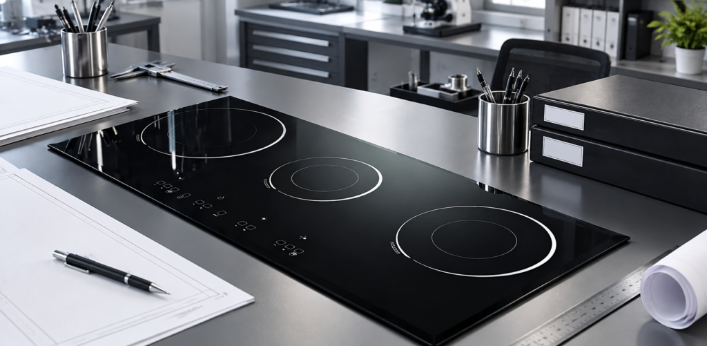 infrared cooker glass sealing interface design — glossy black three-zone cooktop panel