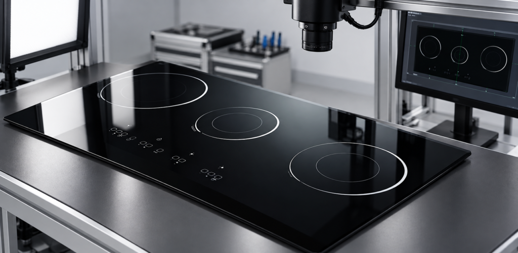 infrared cooker glass screen printing durability — glossy black three-zone cooktop panel
